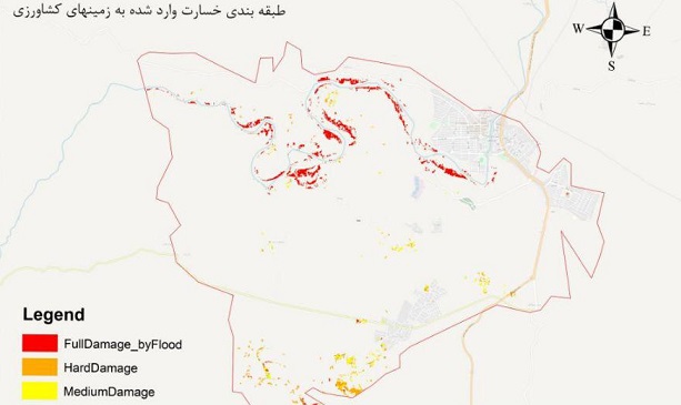 نقشه طبقه بندی میزان خسارت سیل به زمین‌های کشاورزی پل‌دختر