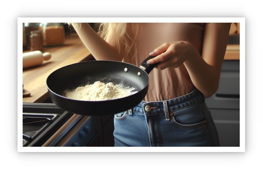 ابتدا، آرد گندم را باید به دقت در یک تابه بزرگ و بر روی حرارت ملایم تفت دهید